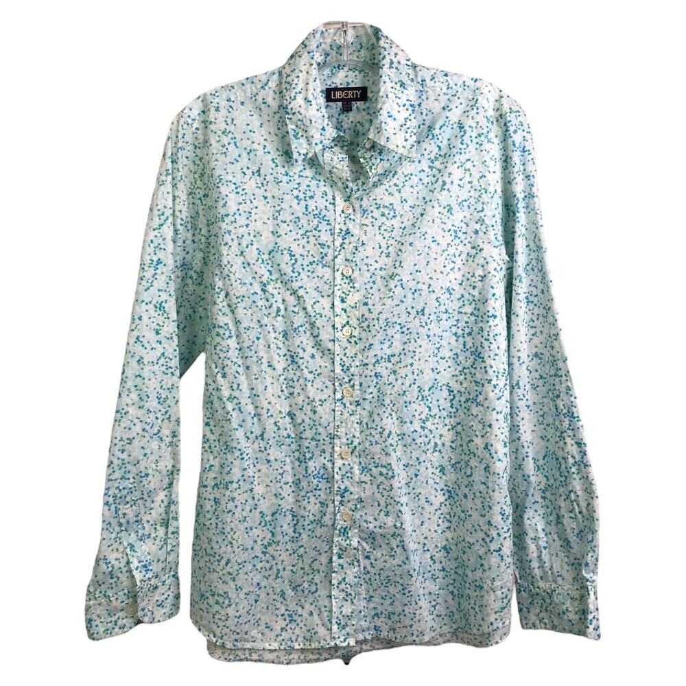 LIBERTY Button Down Shirt Womens Sz‎ 8 Baby Blue Polka Dots Long Sleeve Collared